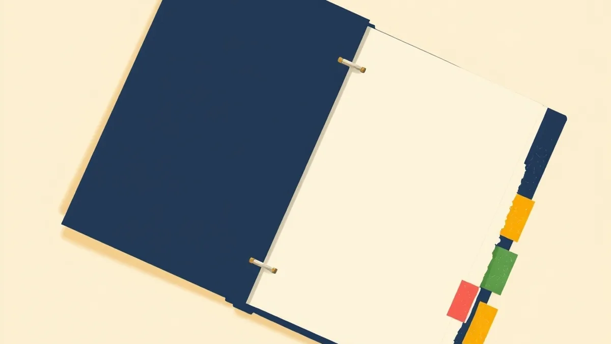 Open binder with five color-coded tab dividers on cream paper — 5 day AI literacy unit middle school lesson guide illustration