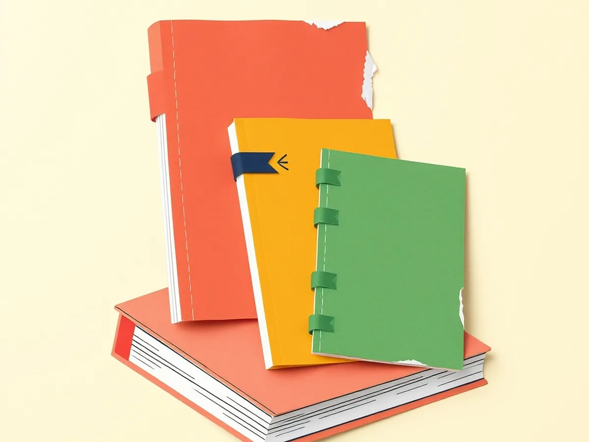 Three graduated notebooks in coral, mustard, and green — grade 6, 7, and 8 differentiated AI literacy unit versions