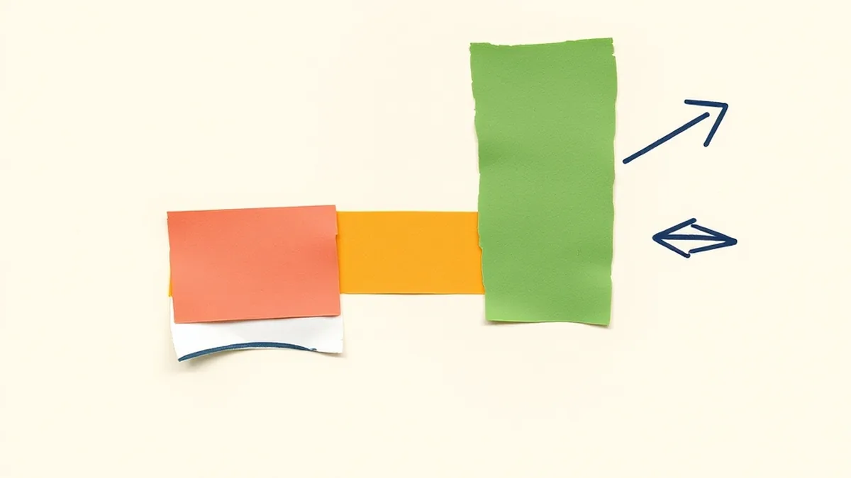 Paper collage of a still coral shape beside a forward-moving green shape with an arrow, illustrating AI agents explained for middle school as action vs reply