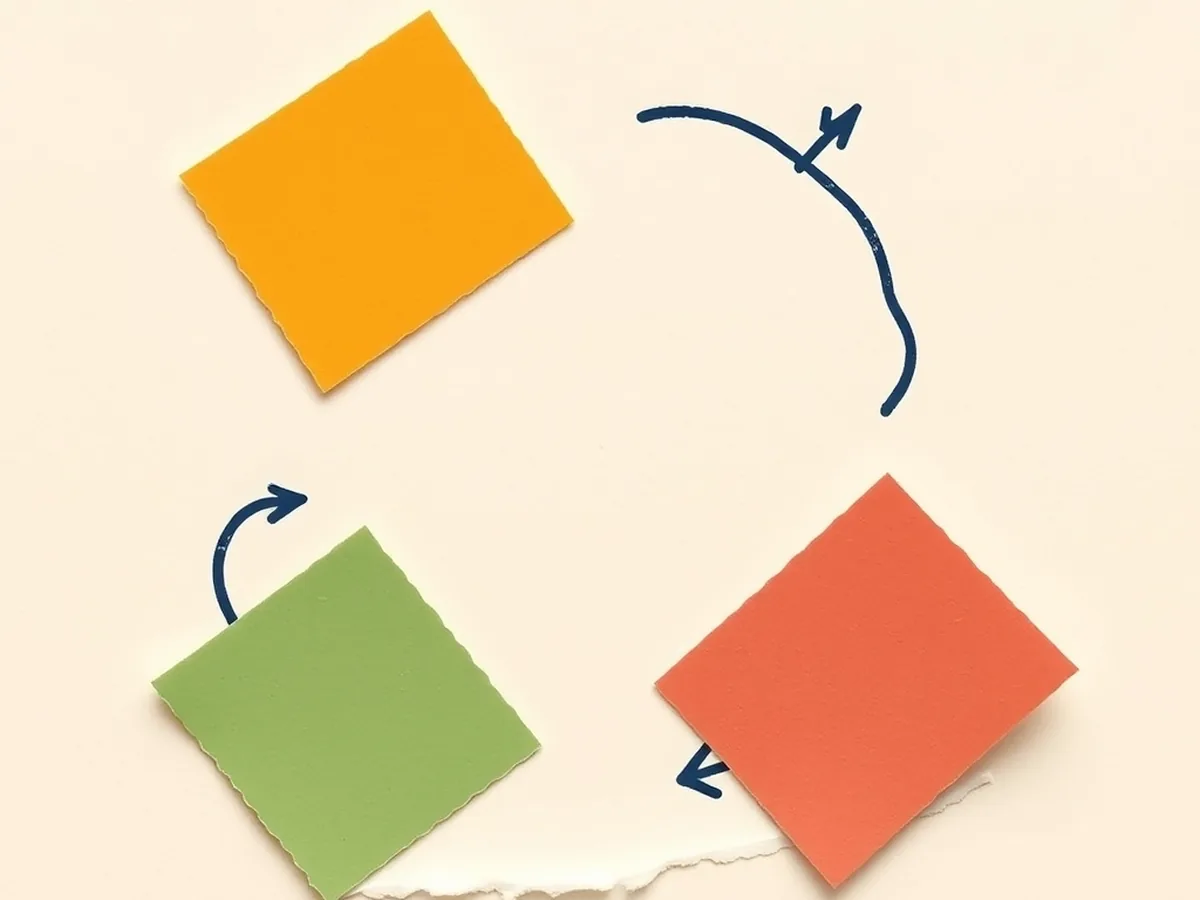 Four torn-paper scraps in coral, mustard, green, and navy connected by clockwise arrow doodles forming a loop, representing the Goal-Plan-Act-Observe cycle