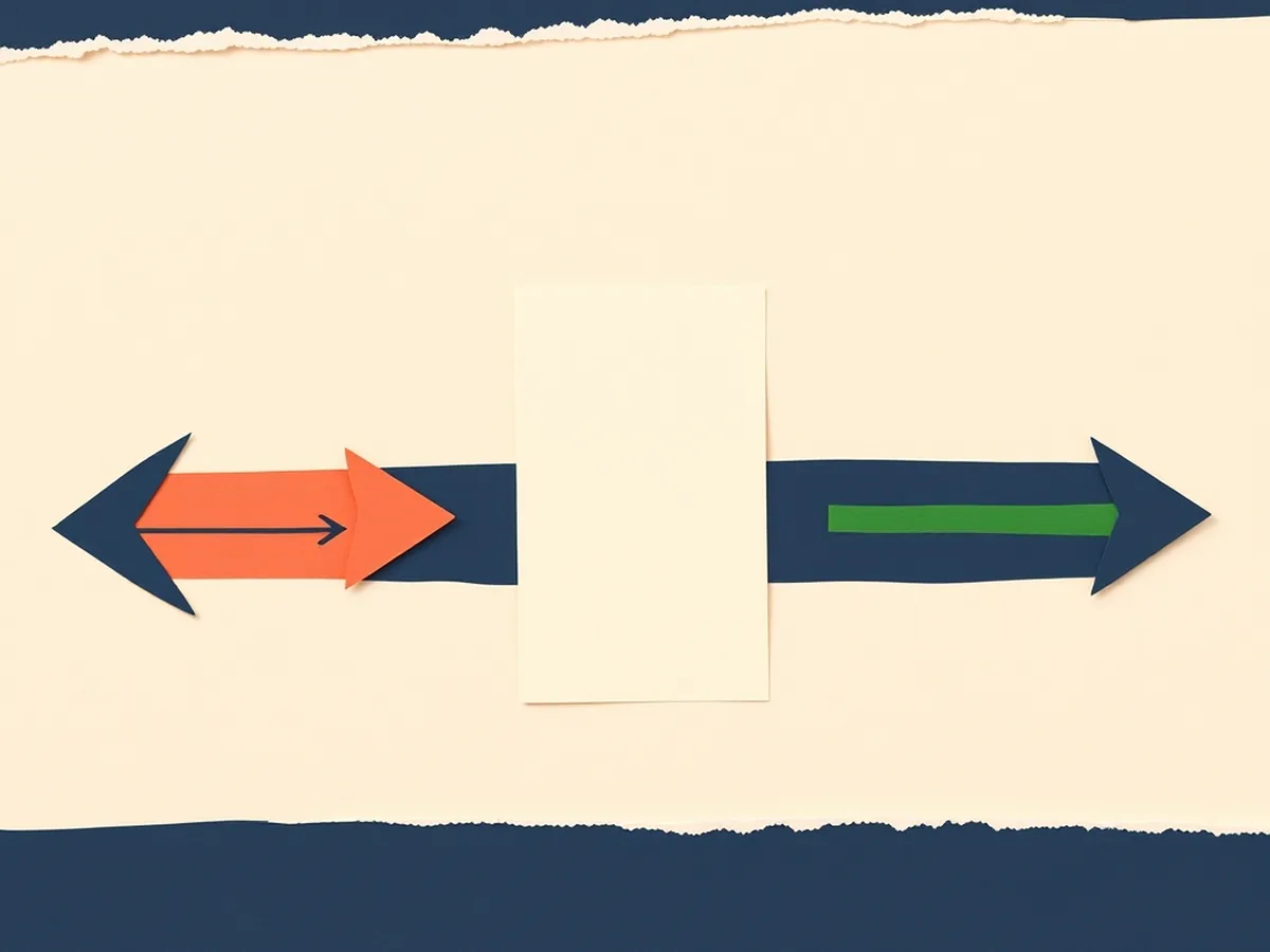 Abstract faceless paper-cut silhouette shape acting as a checkpoint between coral and green arrow flows, representing the human-in-the-loop control principle