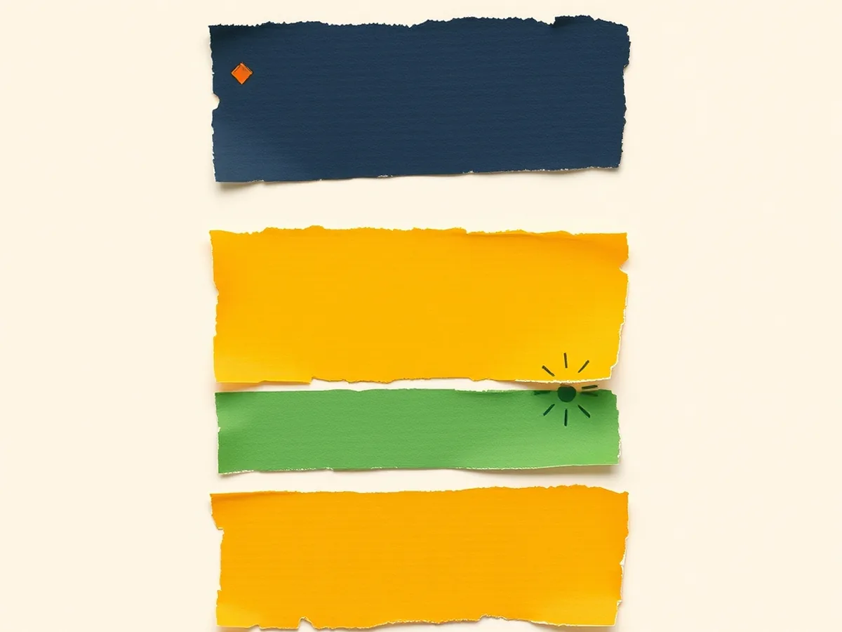 Vertical flowchart of five torn paper strips in coral, mustard, and navy connected by dashed downward arrows, illustrating a five-step debate-to-essay writing process