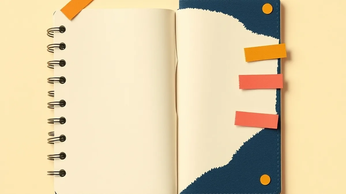 Paper collage of an open spiral notebook with coral tab bookmarks — AI back to school lesson plan middle school grades 6–8