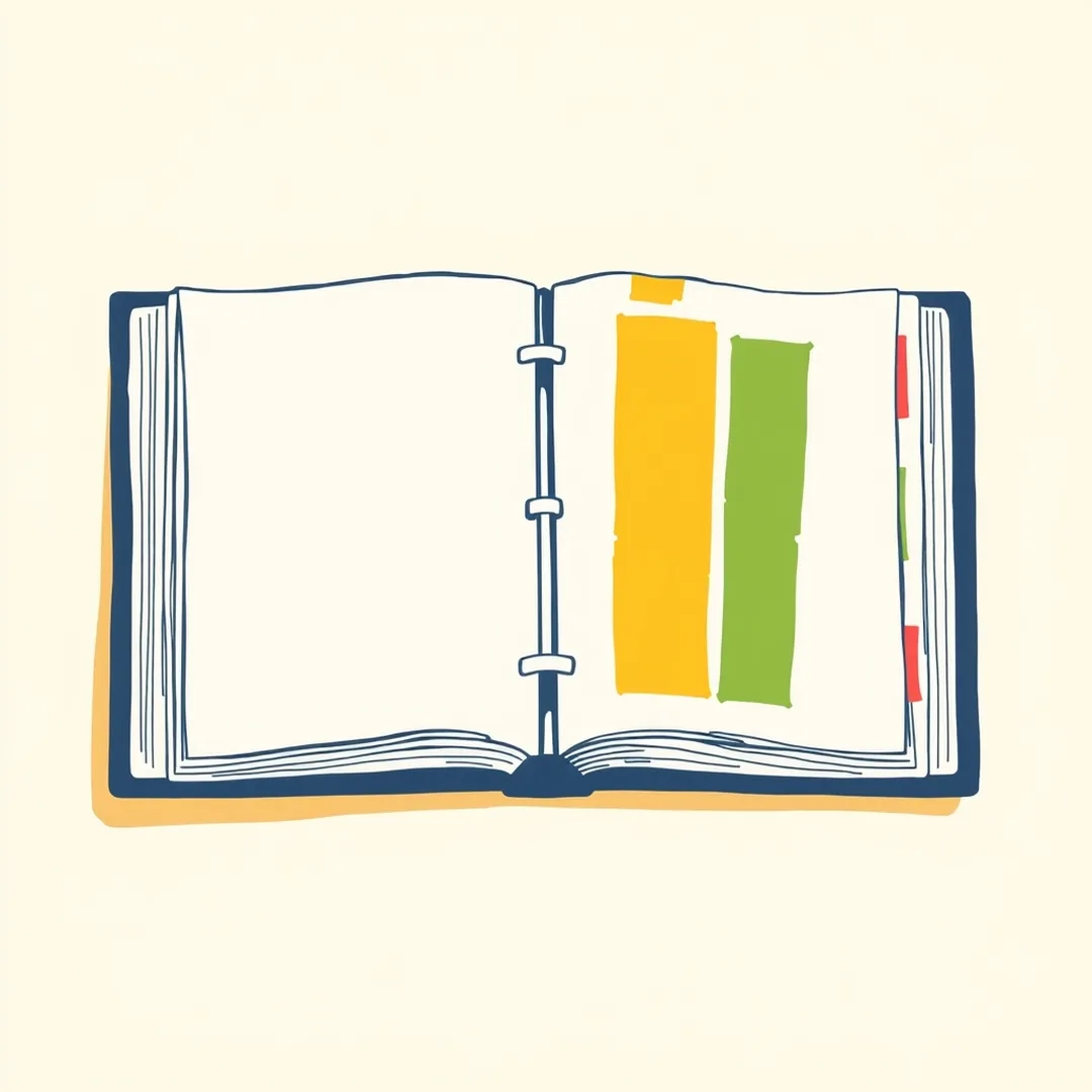 Open binder with four color-band dividers in coral, mustard, green, and navy, representing a four-lesson AI bias sequence
