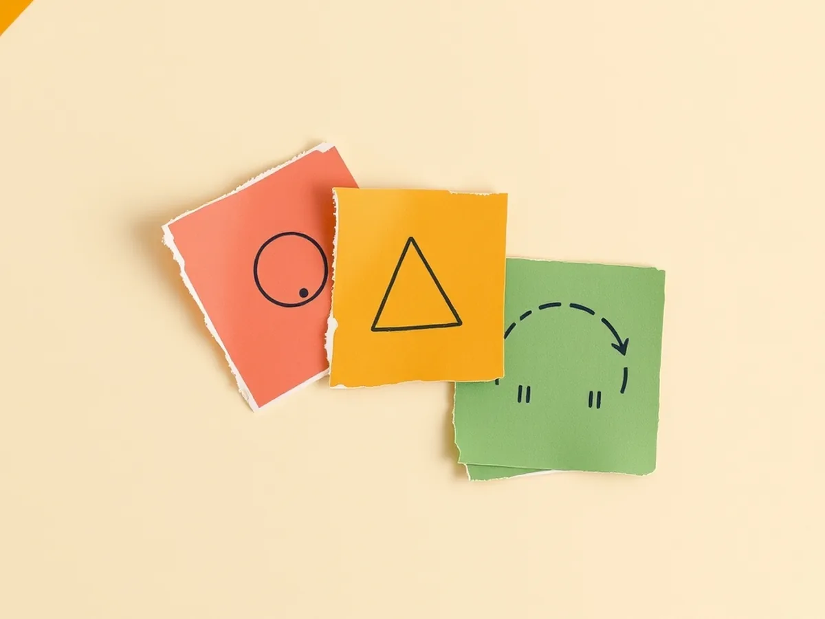 Three overlapping torn-paper scraps in coral, mustard, and green with abstract geometric icons, representing three standards frameworks for an AI bias unit