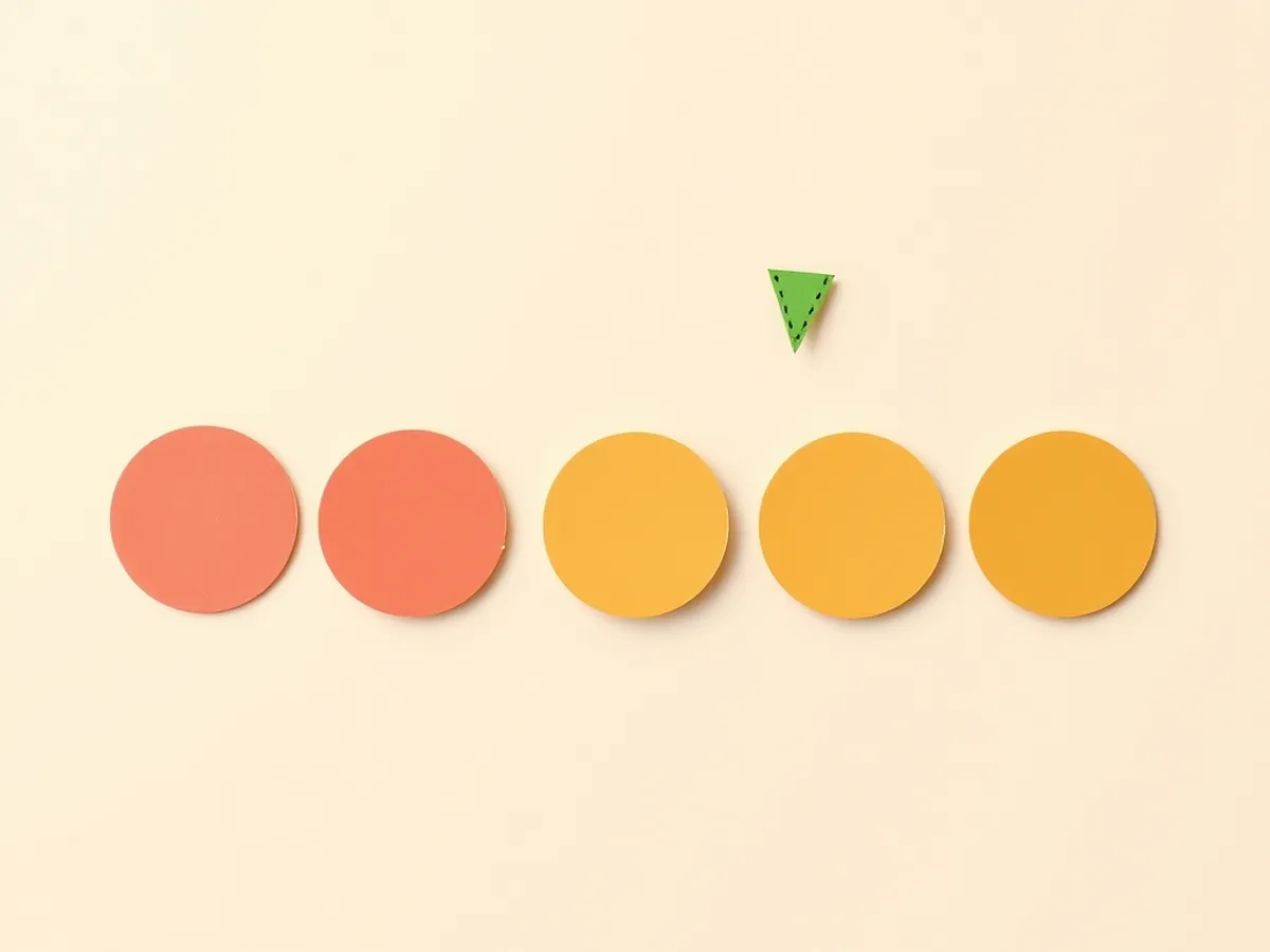 Row of six alternating coral and mustard paper discs linked by a dashed line, representing a six-week milestone sequence