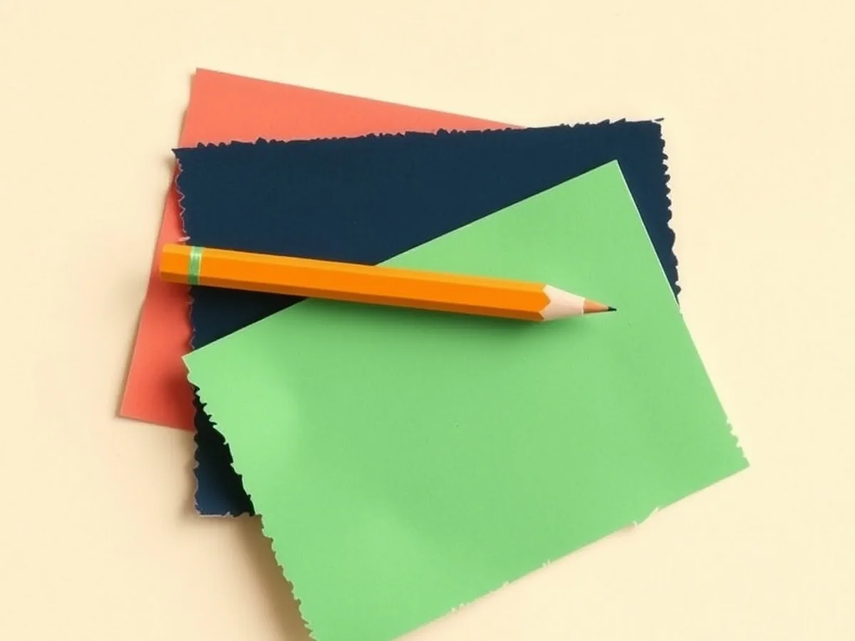 Fanned stack of three blank coral, navy, and green paper cards with a coral pencil resting on top, representing an AI contribution log