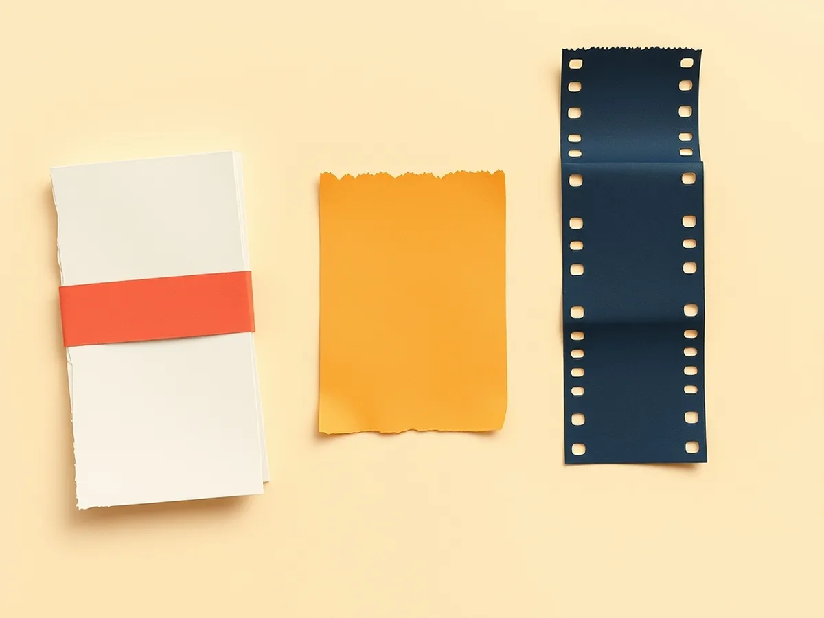 Three paper artifacts — a folded booklet, a mustard memo slip, and a navy accordion strip — for ELA, social studies, and science capstone models