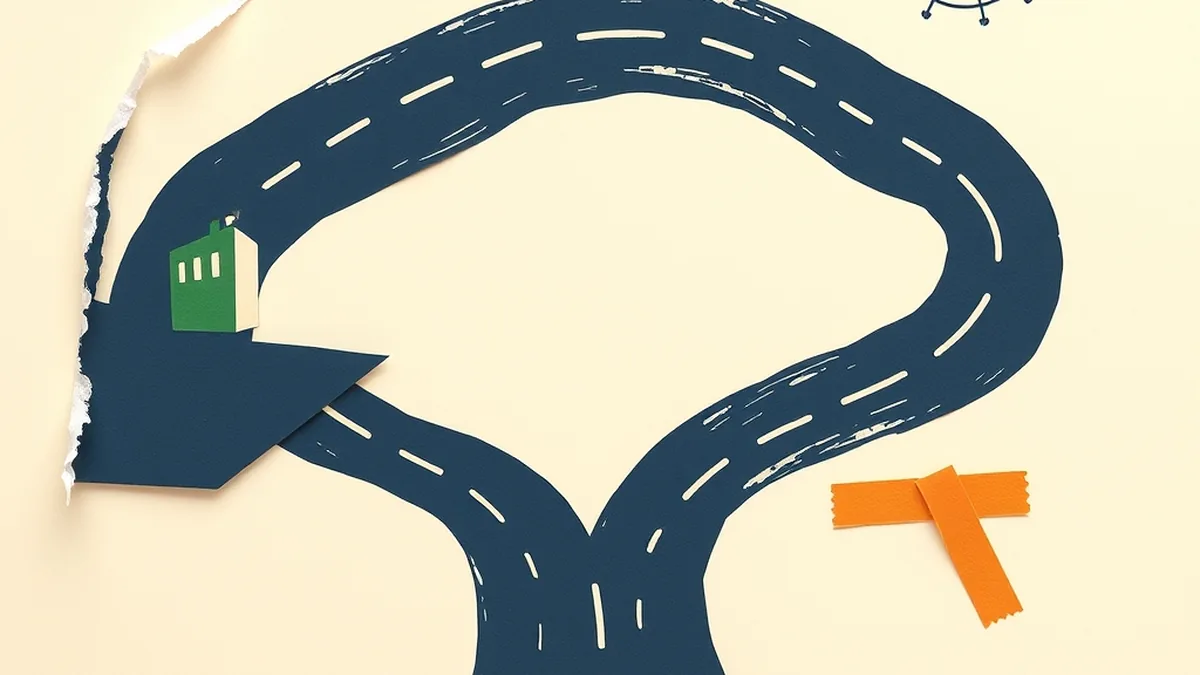 Branching road fork in navy ink splitting toward a building and compass, representing an ai career readiness lesson plan high school pathway