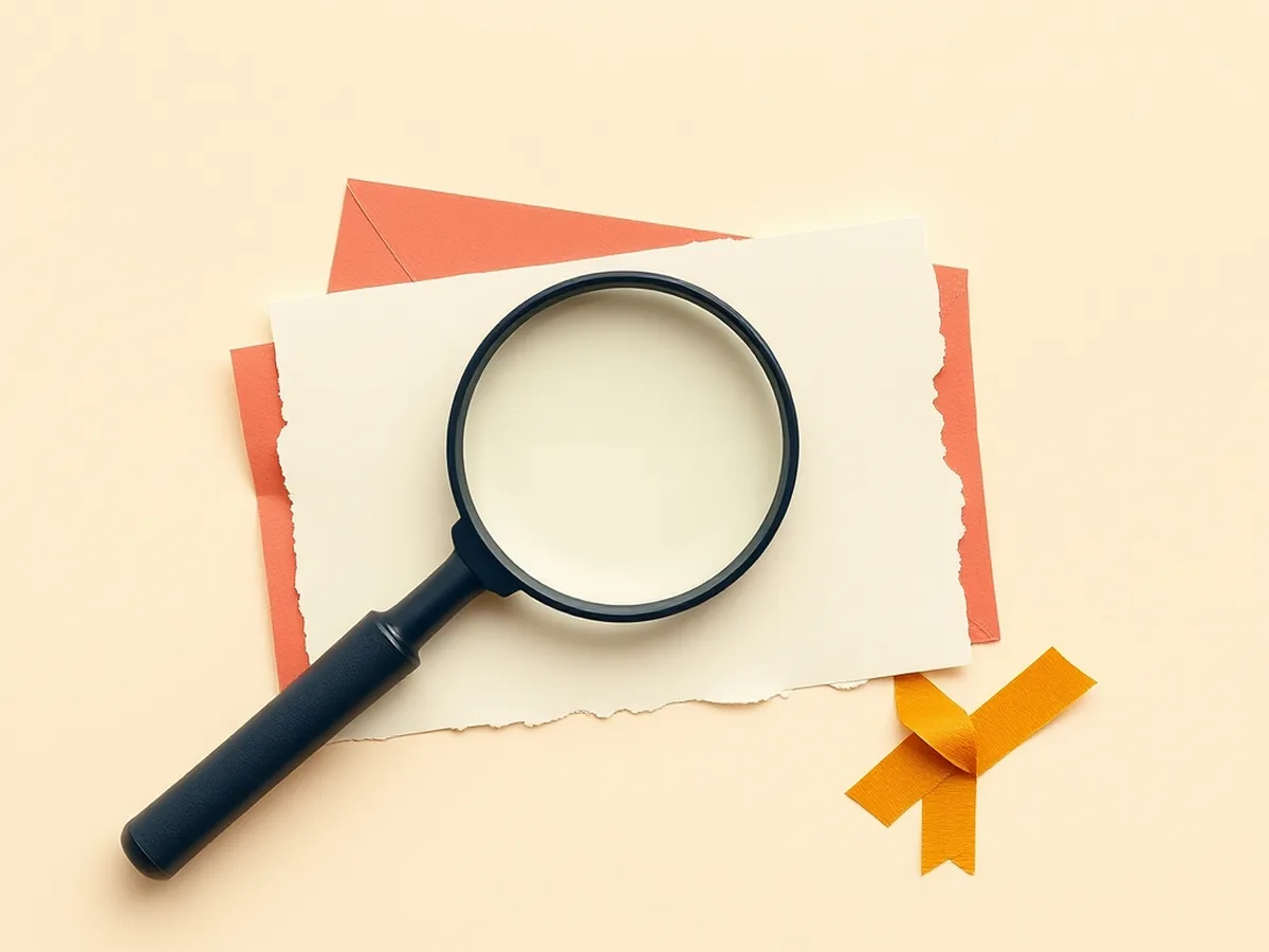 Magnifying glass over a torn coral paper card on cream, representing critical evaluation of AI tool outputs