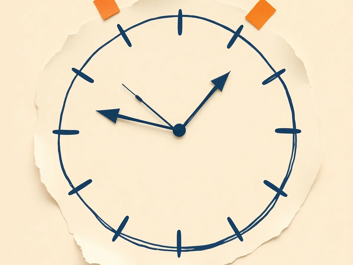 Hand-drawn circle clock outline with two arrow-stroke hands and no numerals on cream paper, representing a timed lesson structure