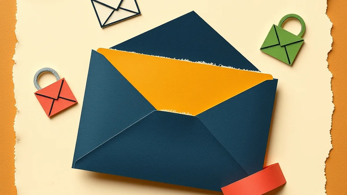 Paper-collage envelope and padlock icons on cream, hero for an AI chatbot safety lesson middle school unit on protecting personal data
