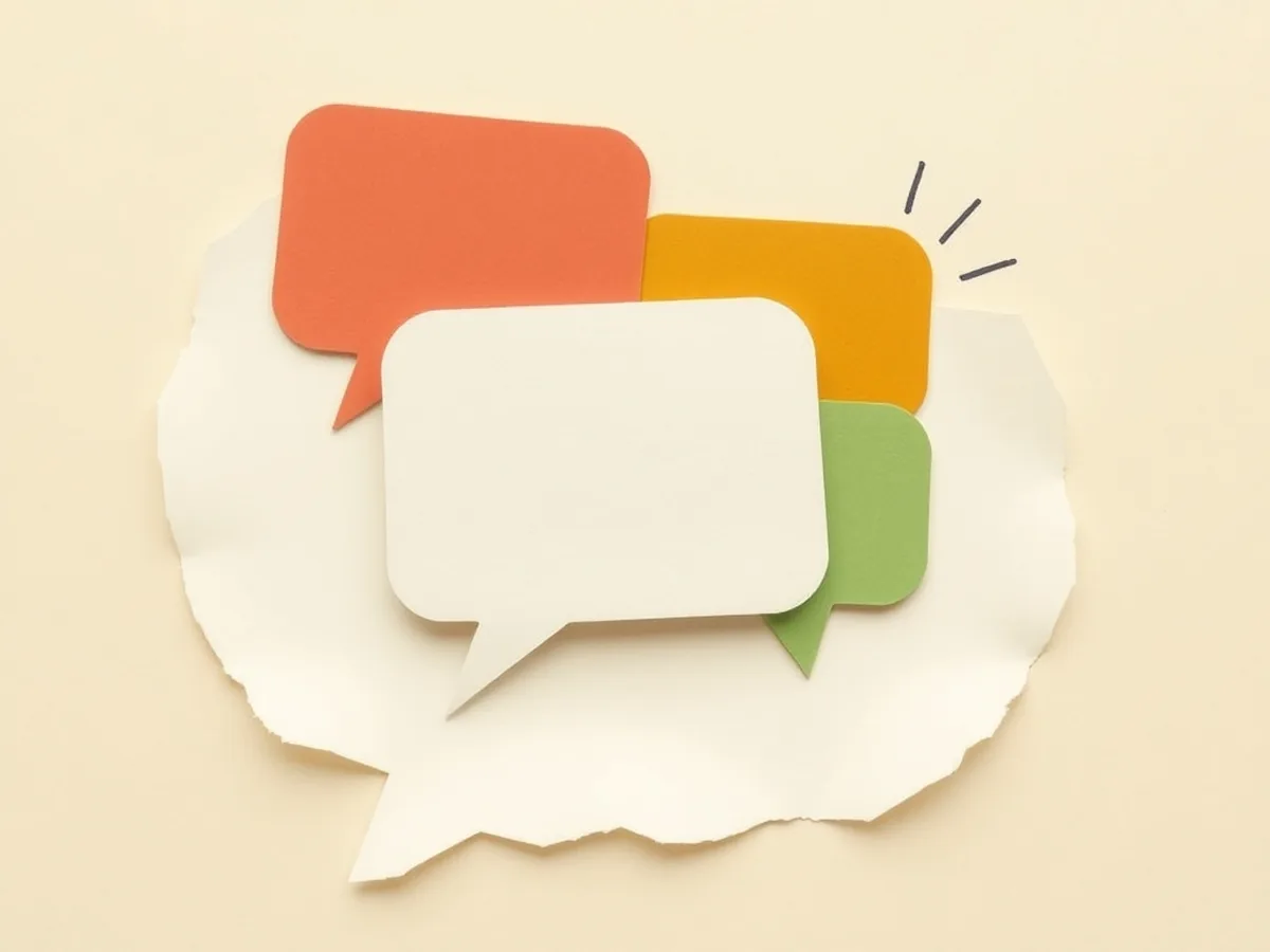 Three overlapping speech-bubble paper shapes in a spiral on cream, illustrating why AI chatbot conversation loops feel like friendship
