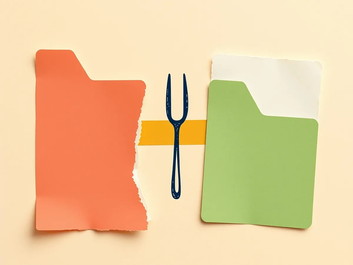 Fork arrow between coral and green folders showing AI citation vs AI disclosure