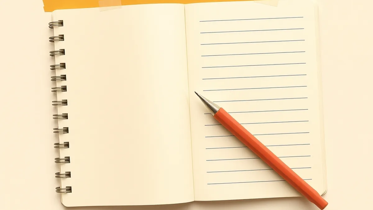 Open blank notebook with a coral pen laid across it, representing an AI college essay lesson plan centered on authentic student writing