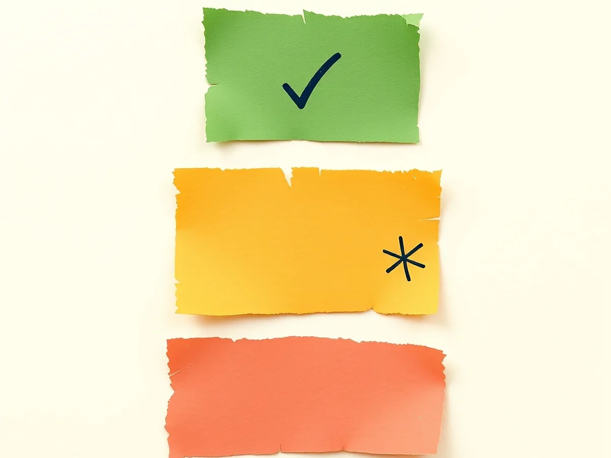 Three stacked torn-paper panels in green, mustard, and coral with abstract doodle marks, illustrating ethical sorting zones for AI use on college essays