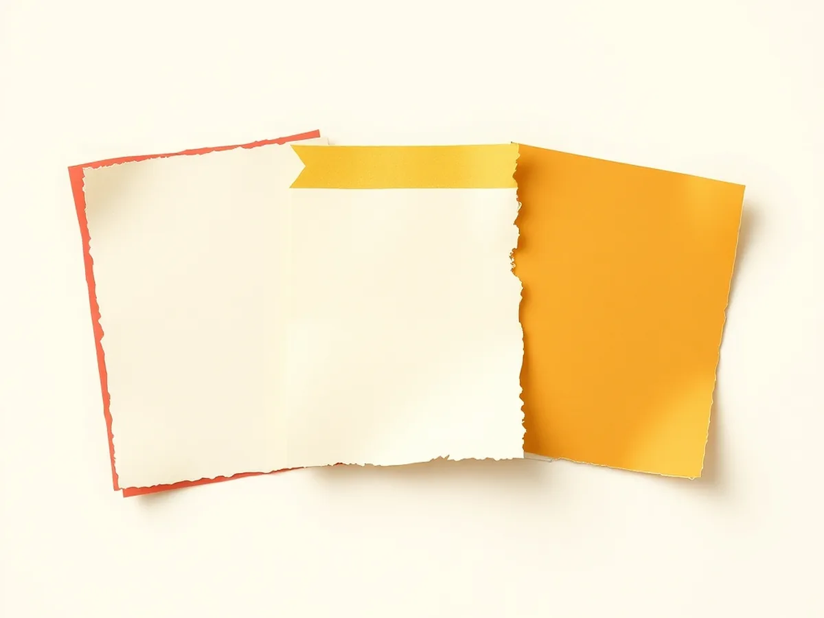 Three fanned blank paper panels with coral, cream, and mustard layers and a flowing arrow doodle, representing the three-day AI college essay lesson sequence