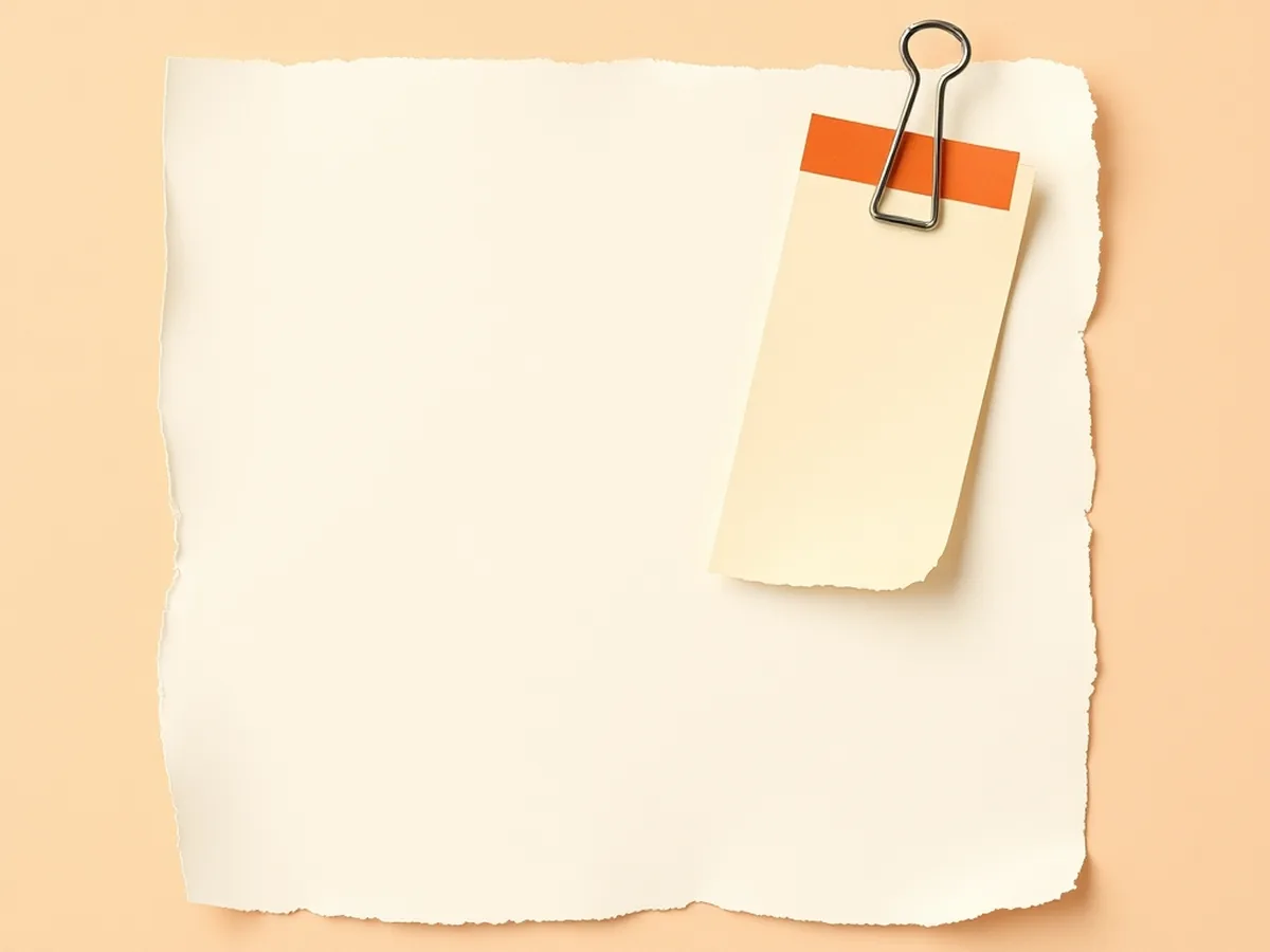 Blank paper slip clipped to a larger torn cream page with a green checkmark doodle, representing a student AI disclosure statement attached to an essay draft