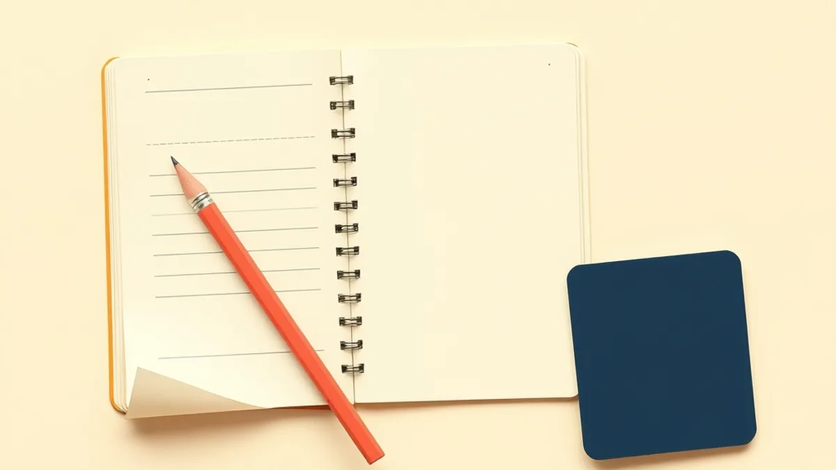 Cream notebook with a handwritten poem and a coral pencil beside a soft glowing digital shape, an AI creative writing lesson for middle school