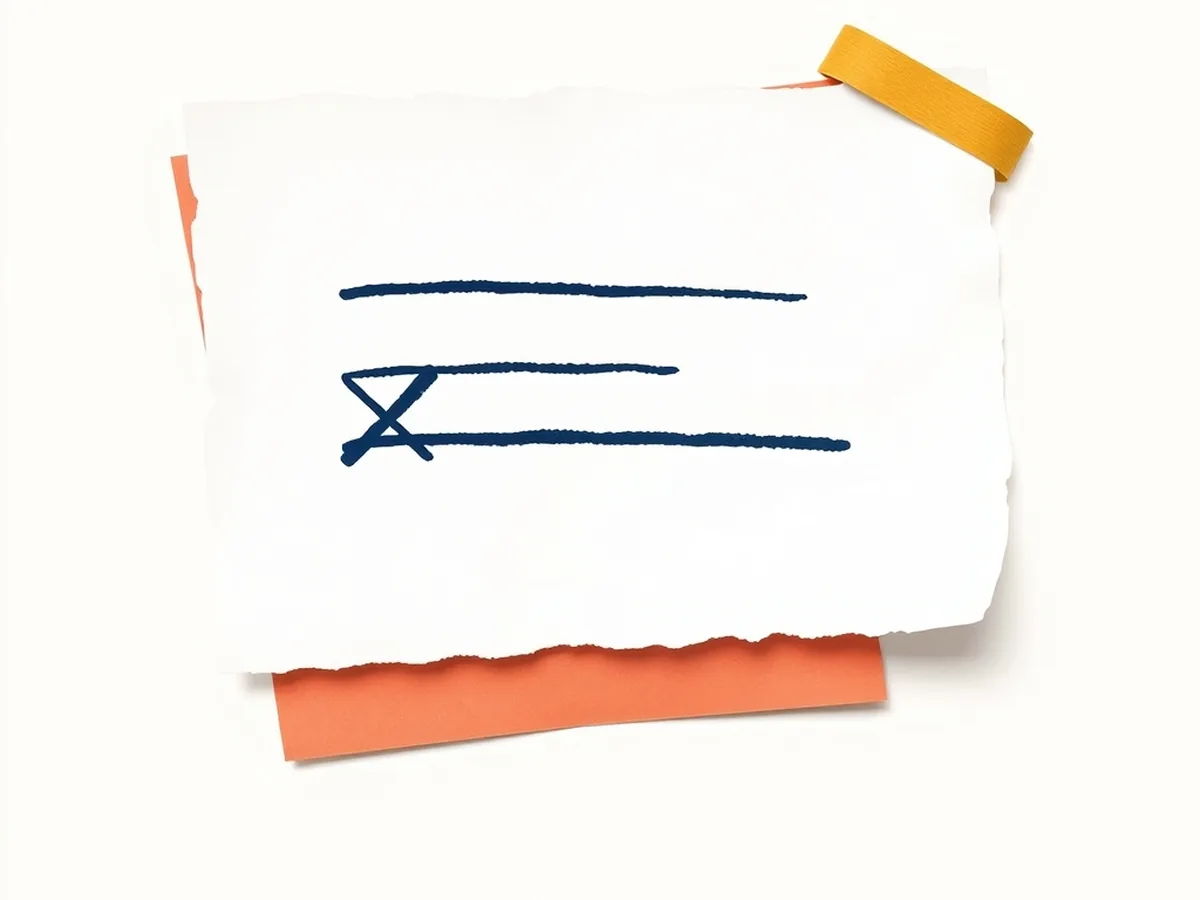 Torn paper card with abstract revision marks — crossed dashes, a coral oval, and editing arrows — showing poem revision in an AI creative writing lesson