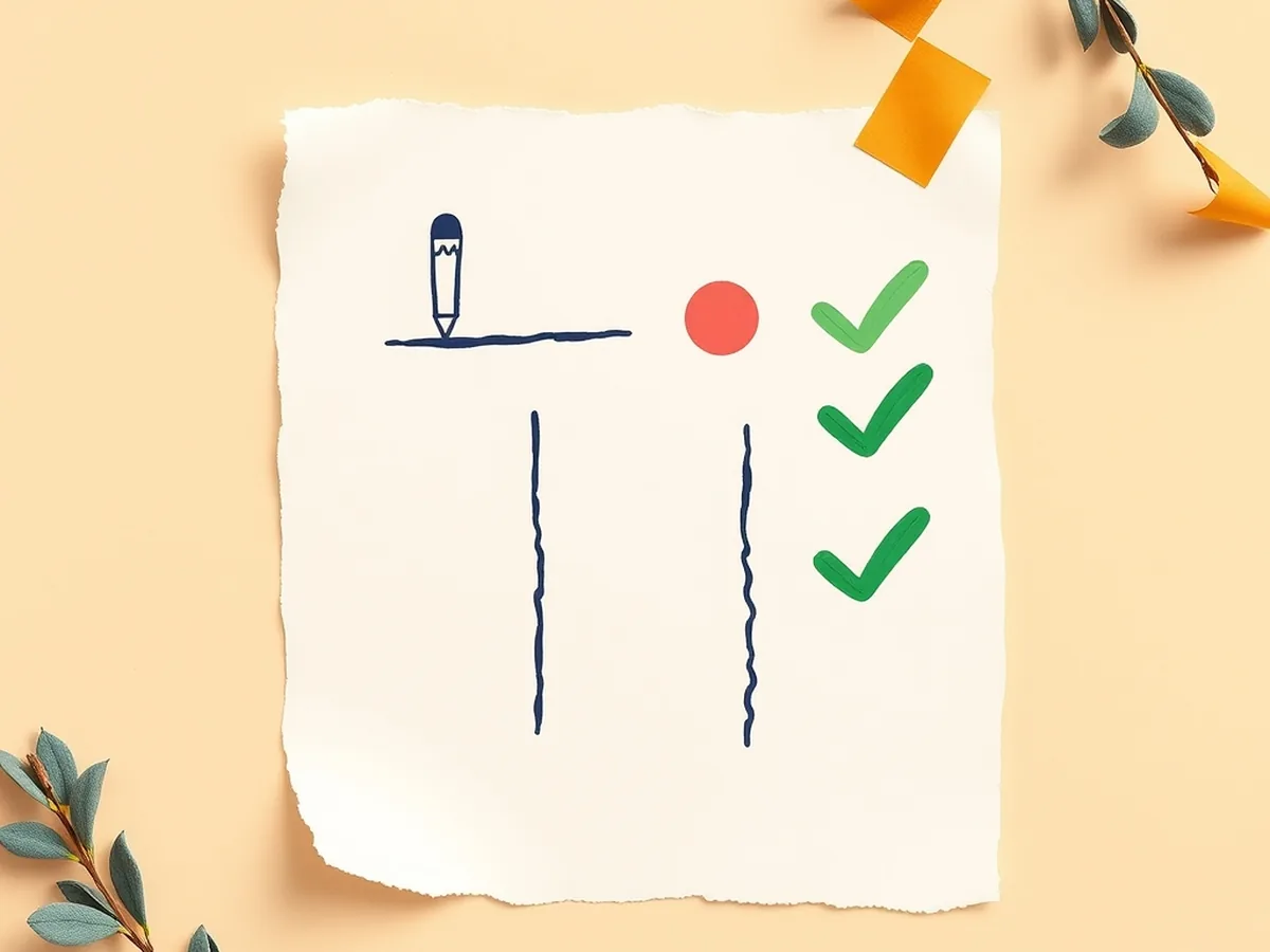 Torn-paper card ruled into four column bands with abstract icon headers and green checkmarks, representing an AI creative writing grading log