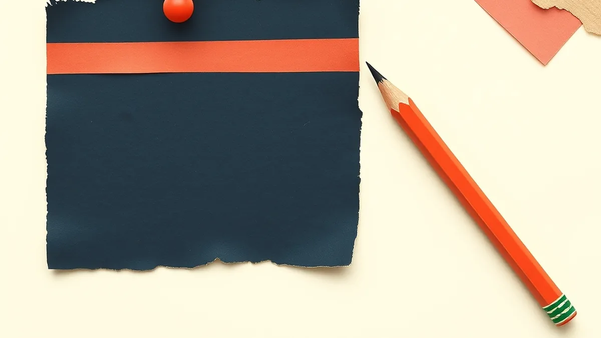 Paper collage of a clipped navy headline fragment pinned with coral push-pin on a cream desk, representing the AI current events lesson plan for middle school