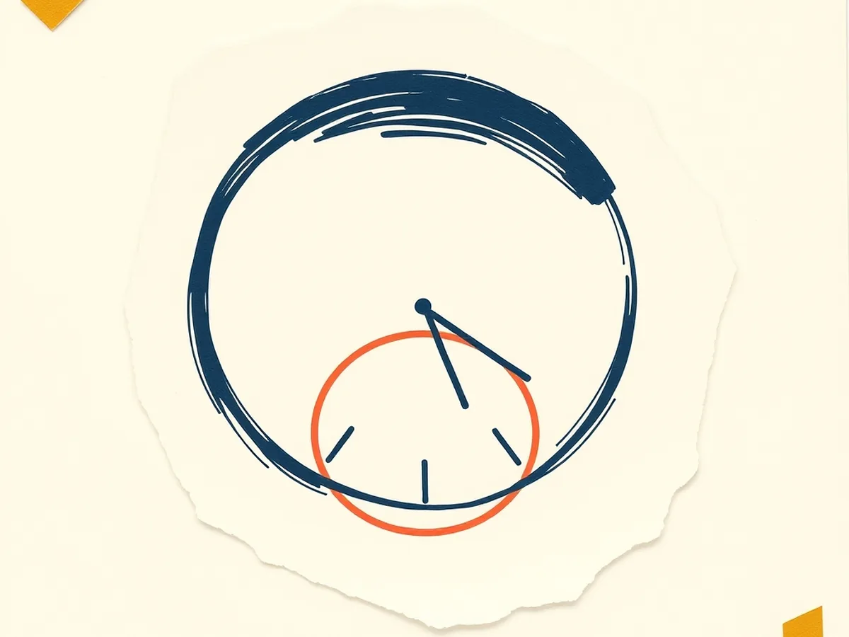 Navy circle and coral clock-face motif on cream paper, representing a 45-minute AI privacy lesson arc