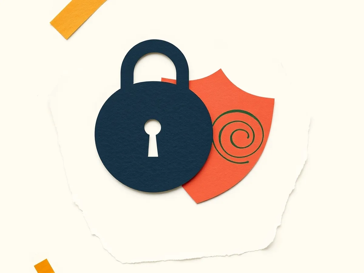 Padlock, shield, and fingerprint spiral on warm cream paper — three data protection habits for grade 7 students
