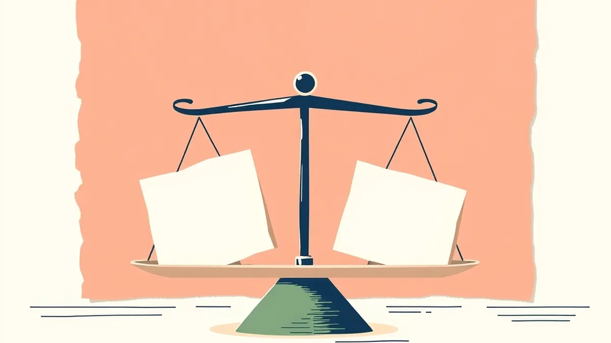 Paper collage balance scale with one coral and one navy torn card in its pans, representing an AI debate activity for middle school grades 6-8
