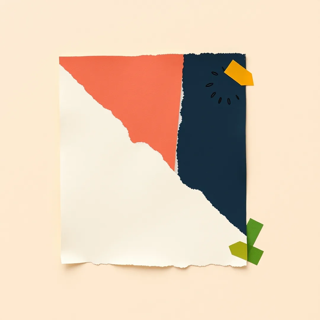 Torn cream paper card diagonally split into coral and navy halves, suggesting two opposing positions in an AI debate