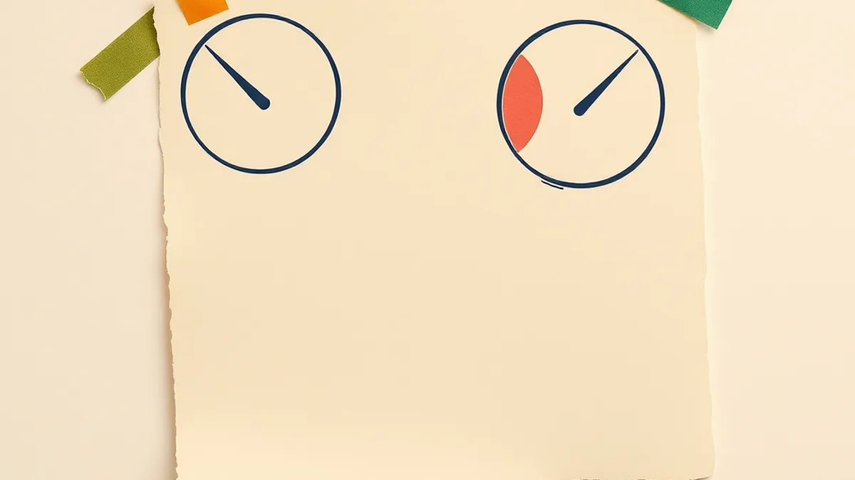 Paper collage of a cream manuscript page with two contradictory dial gauges, representing AI detector false positives flagging student writing