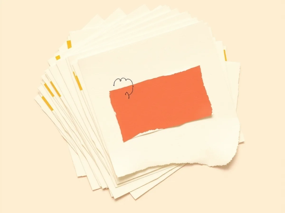 Stack of cream paper sheets with one coral sheet pulled out and singled out, illustrating a false-positive flag wrongly targeting one student essay