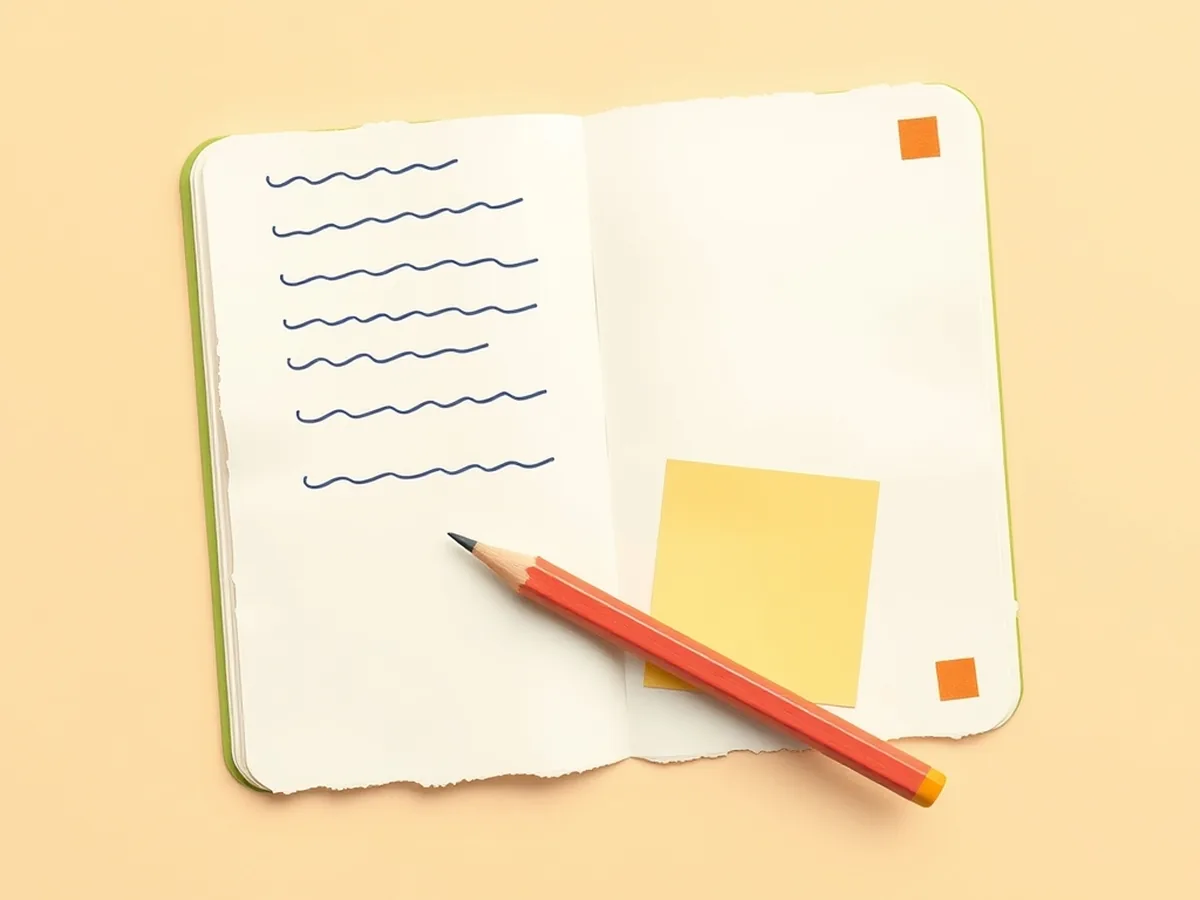 Open notebook with abstract scribble-draft marks, pencil, and sticky note on a warm cream desktop, representing assignment redesign to move beyond AI detectors