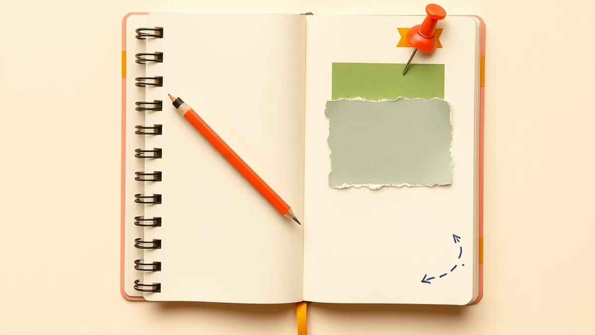 Paper collage of open notebook with pencil and green pinned scrap — AI discussion partner for literary analysis grades 6-8