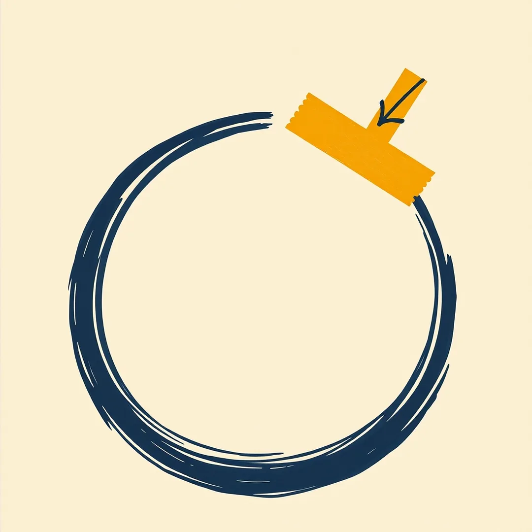 Large mustard card and small coral card with a navy curved arrow looping back, symbolizing the AI revision loop