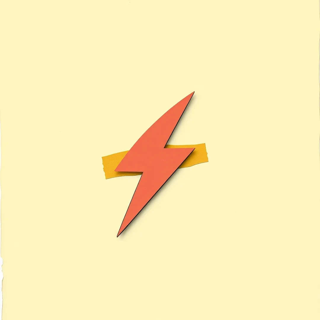 Abstract paper-cut tower shape with coral and mustard torn scraps suggesting energy, illustrating AI data center energy costs