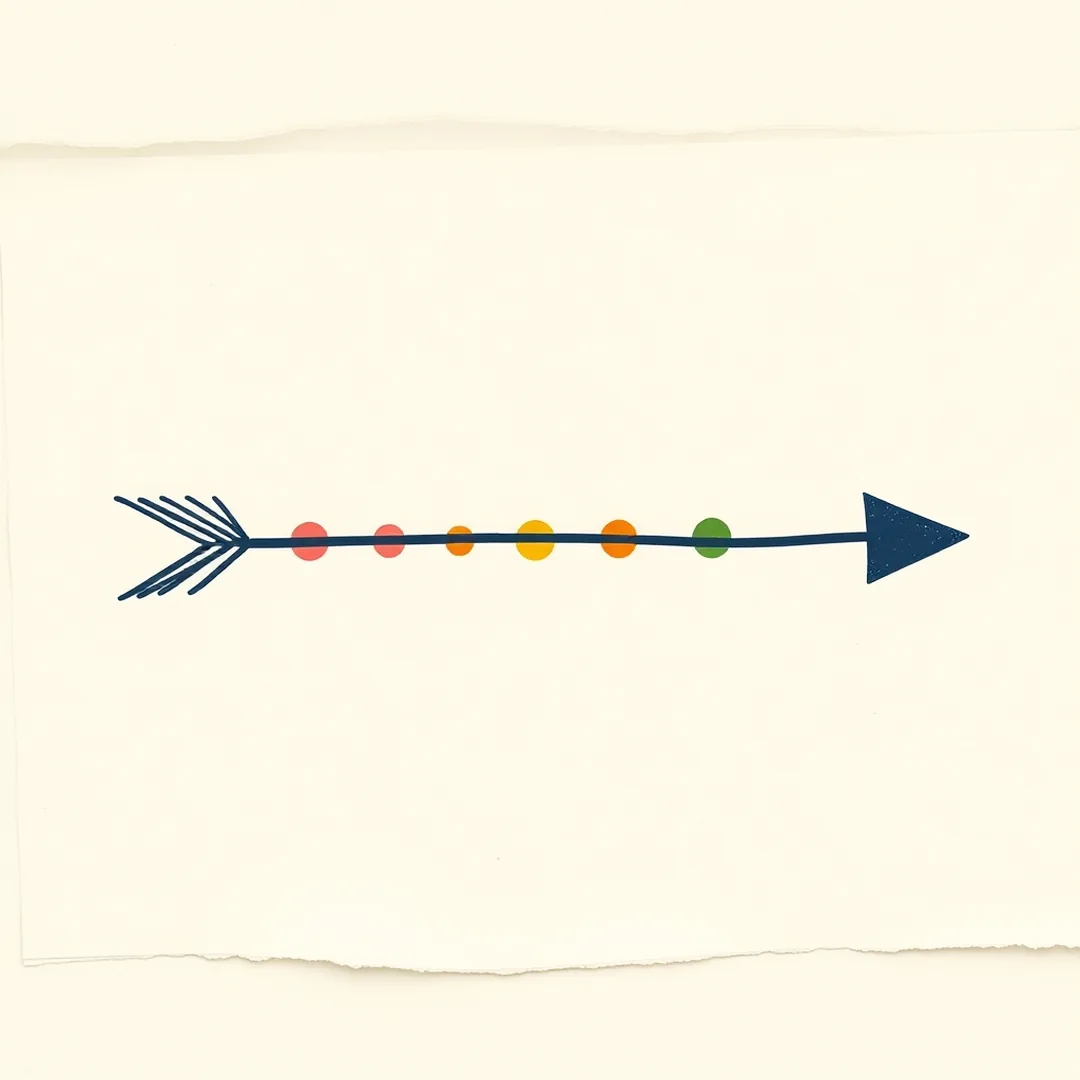 Hand-drawn arrow with five dot stops on cream paper representing a five-point ethics spectrum