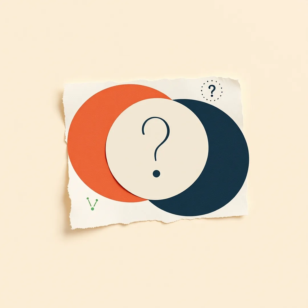 Single torn paper card with two overlapping circles and a question mark doodle representing an AI dilemma scenario