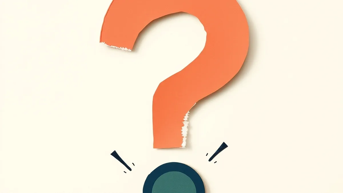 Paper collage large question mark in coral and navy on warm cream background representing AI ethics discussion questions high school