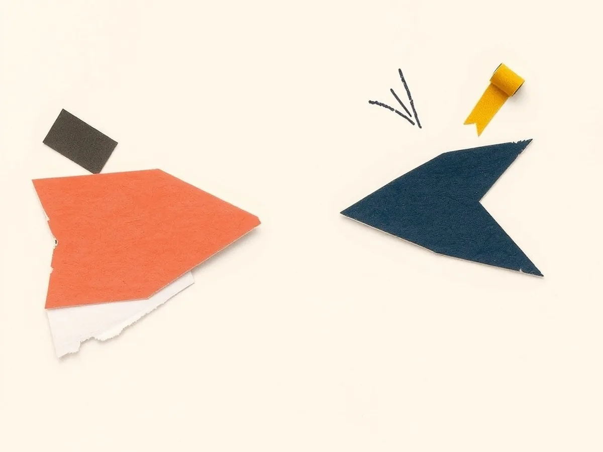 Two opposing paper collage arrows in coral and navy pointing toward each other, representing ethical debate and productive tension in AI discussion