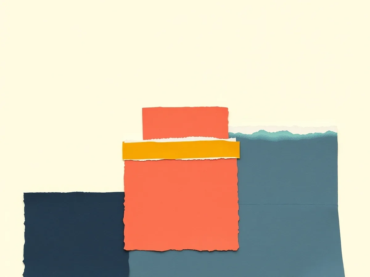 Three ascending paper collage step blocks in navy, coral, and mustard with a magnifying glass on the center step, representing a three-step facilitation scaffold