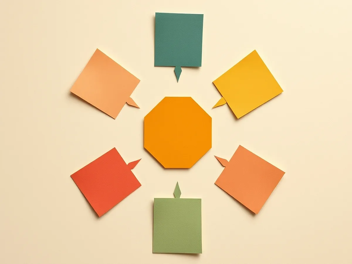 Overhead paper collage of a circular card arrangement in coral mustard and green suggesting small-group discussion stations