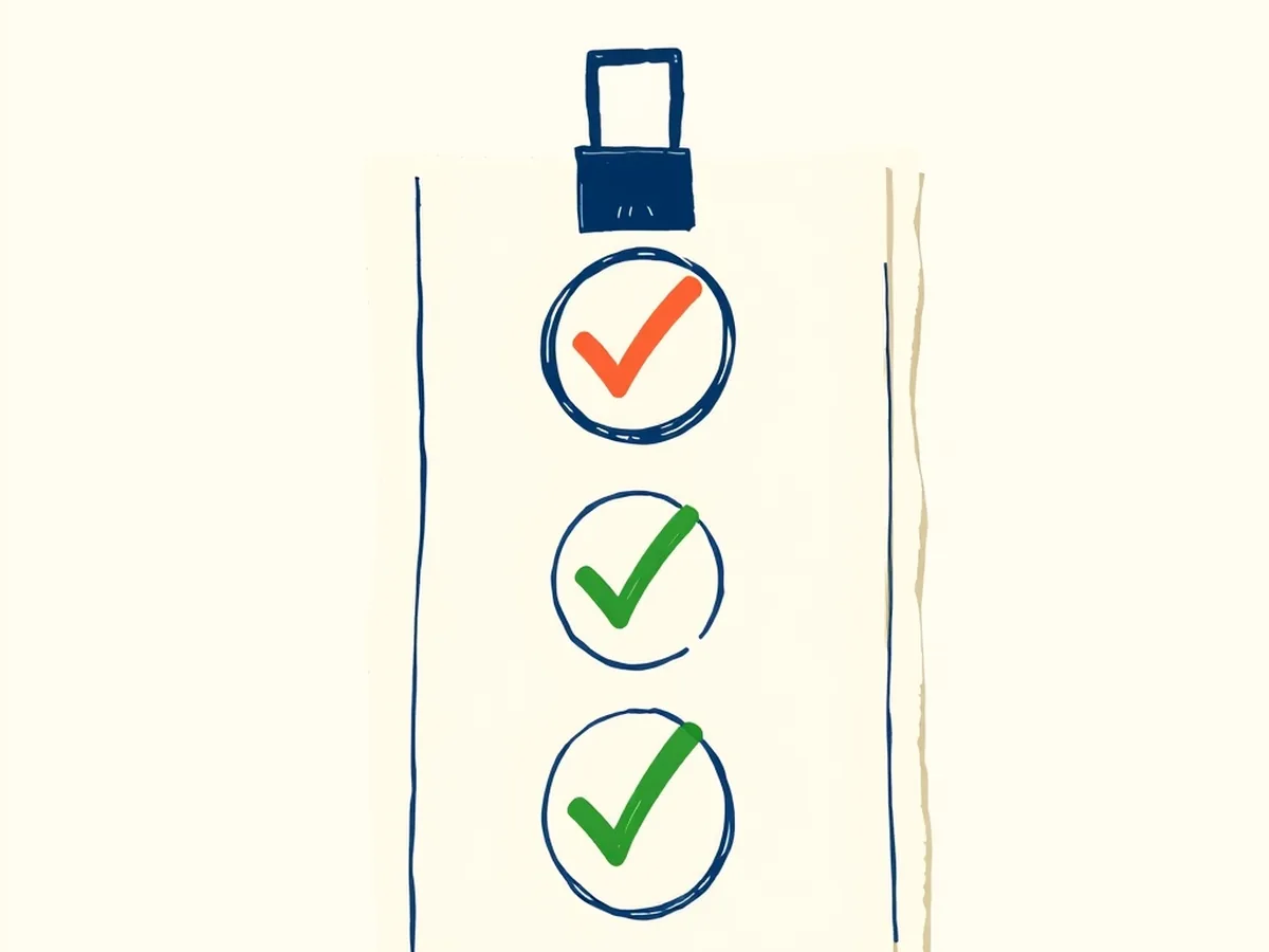 Tall paper clipboard with four vertical checkboxes — three checked in coral, navy, and green — representing the SIFT verification steps