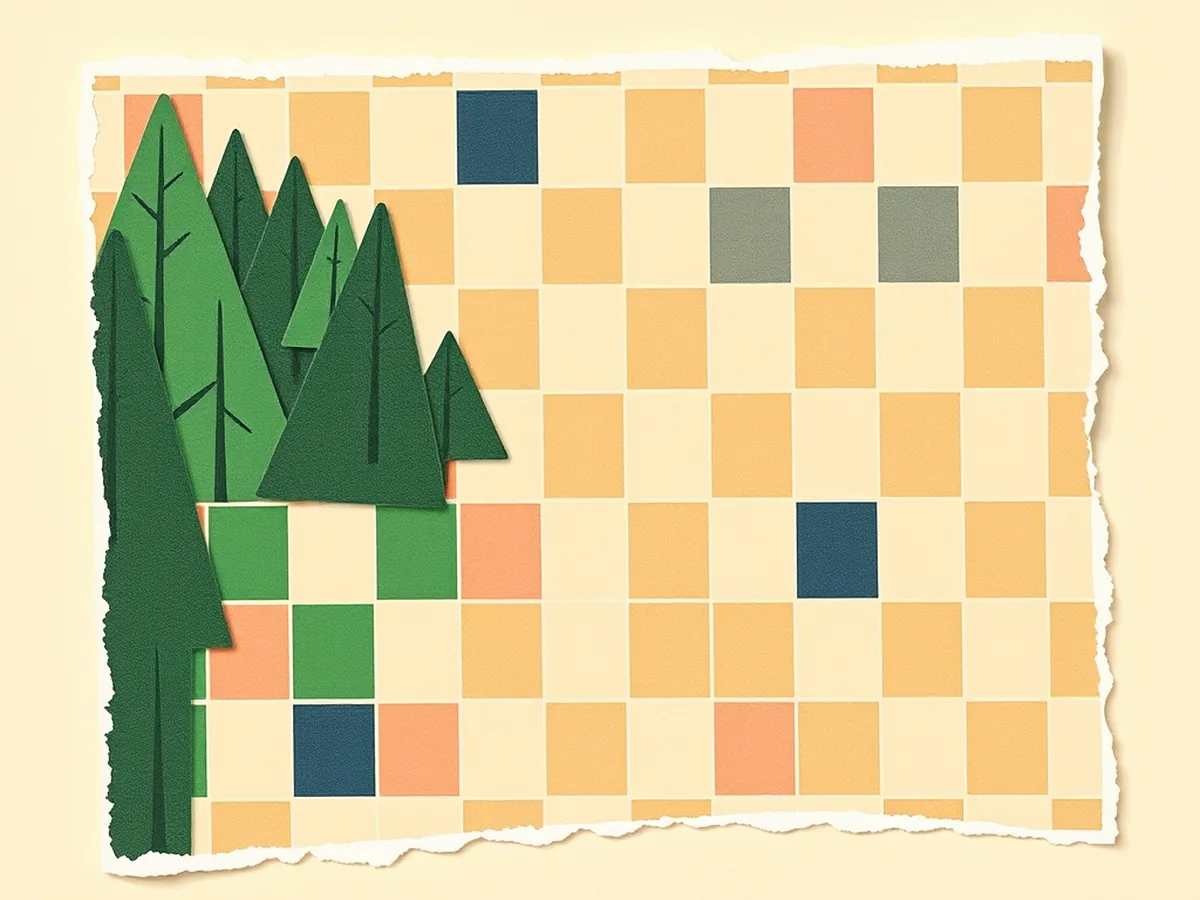 Torn paper landscape patch dissolving into a grid of colored classification squares, showing how AI reads satellite imagery pixel by pixel