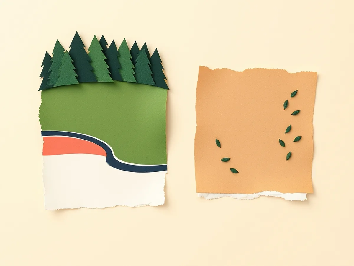 Before-and-after paper collage landscape pair: intact green forest left, cleared tan fields with a coral road right, showing AI deforestation mislabeling