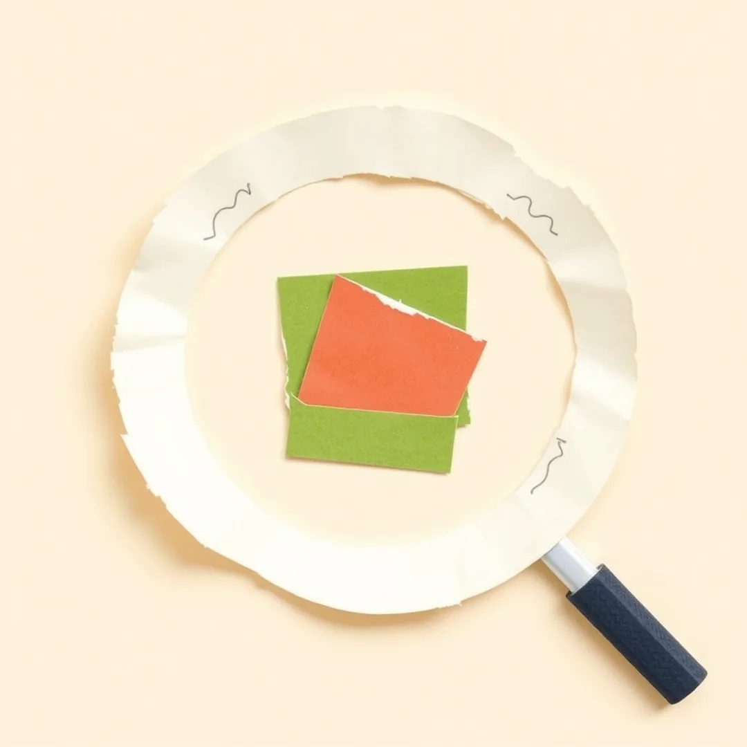 Torn paper magnifying glass lens revealing a coral scrap beneath a green scrap layer, representing the process of verifying AI output claims against real sources
