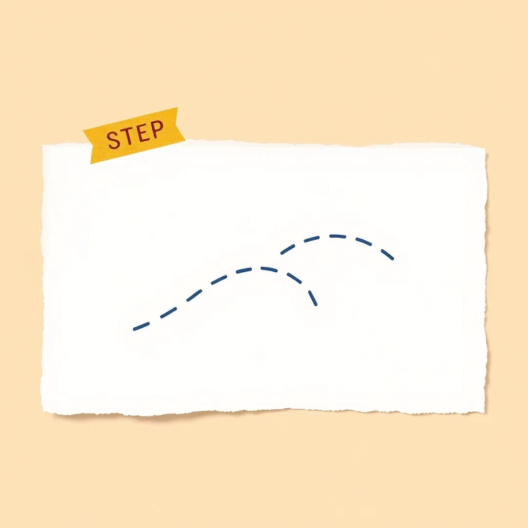 Off-white torn paper card with a four-waypoint dashed navy path connecting coral dots, ending in a green checkmark — representing the four verification steps of an AI hallucination fact-check routine for grade 7 students