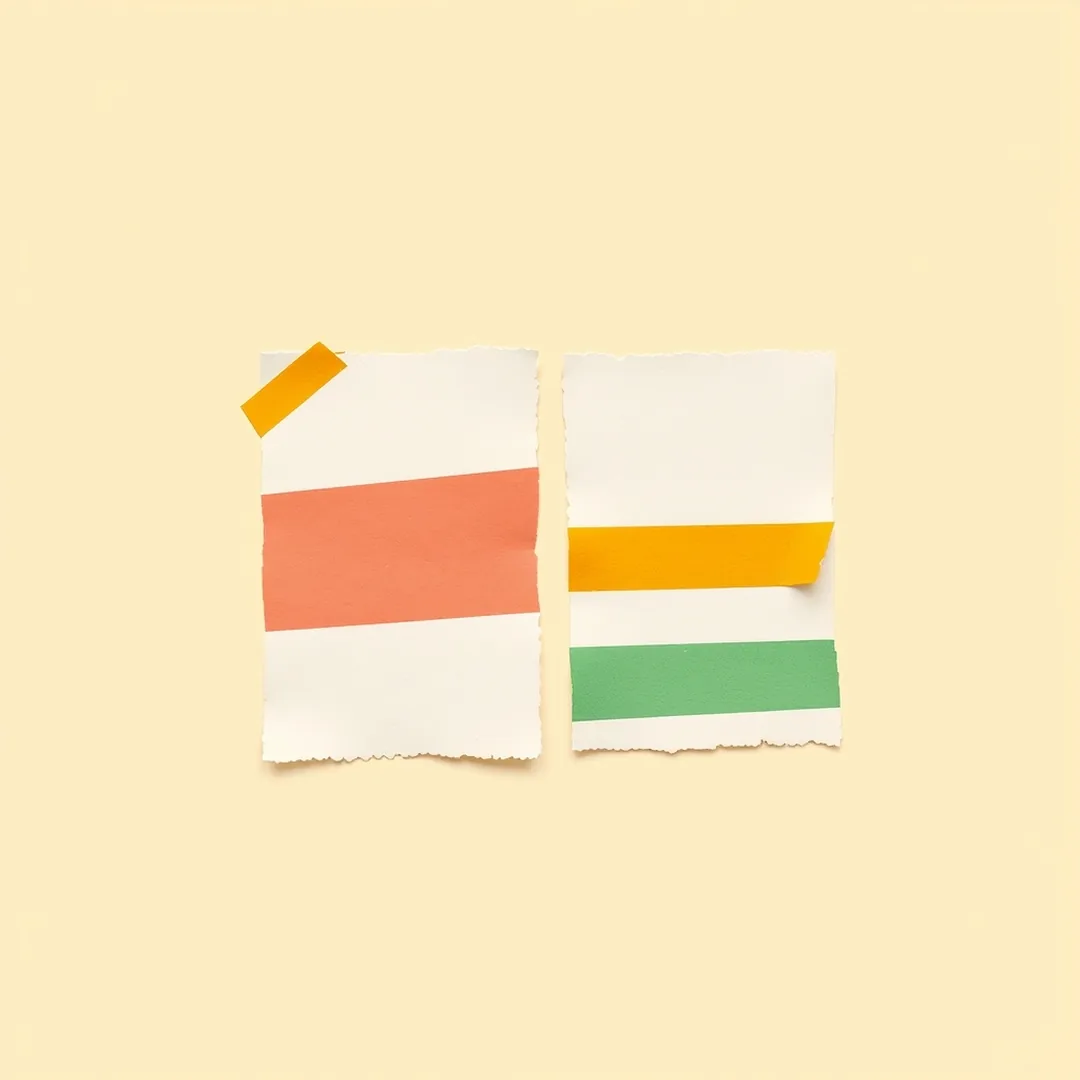 Two torn paper cards side by side — coral card with a navy X and green card with a navy checkmark bridged by mustard washi tape — representing the before-and-after contrast between an AI hallucinated claim and a verified fact