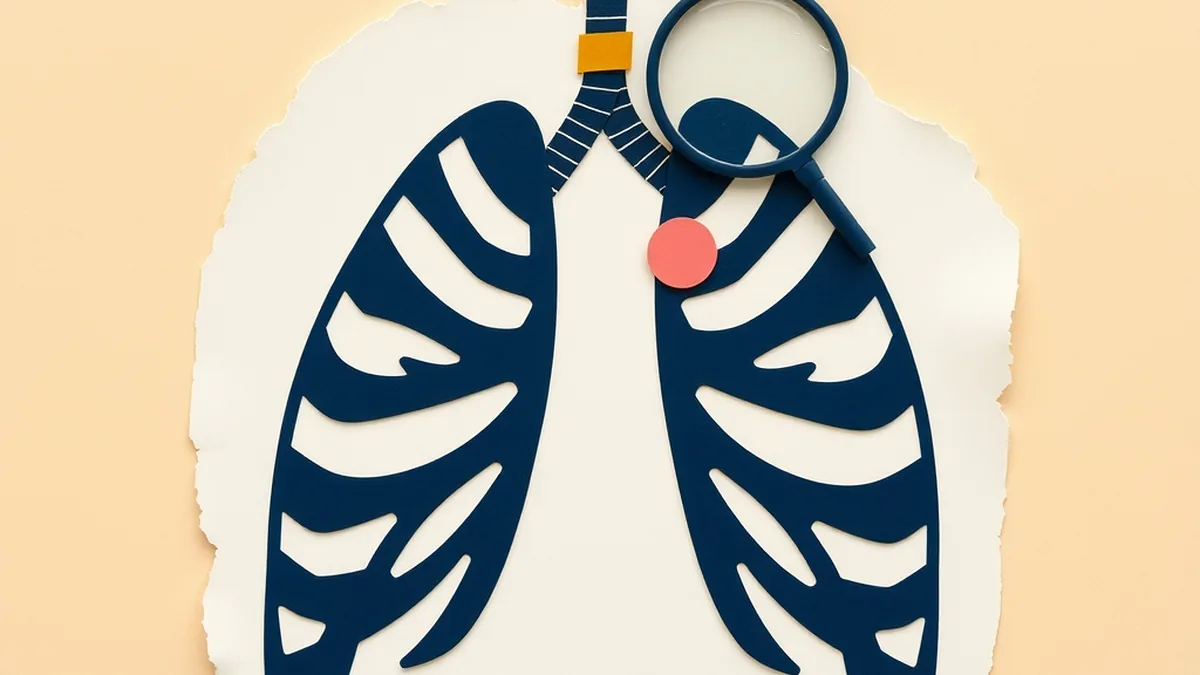 Paper collage ribcage silhouette with a magnifying glass doodle finding a detail inside, representing AI in healthcare for a middle school science lesson