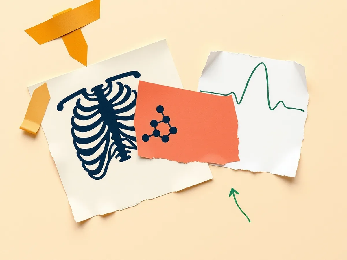 Three paper prop shapes — ribcage silhouette, molecule cluster, and pulse arc — illustrating the three jobs AI does in medicine